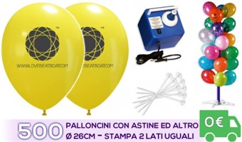 Offerta Economy: 500 Palloncini con Logo su due lati uguali con astine gonfiatore elettrico e albero porta palloni